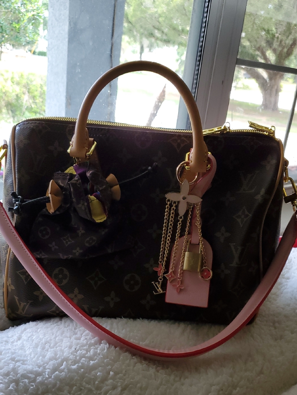 Brown Monogram Satchel with Pink Strap and Gold Hardware - Picture 2 of 11